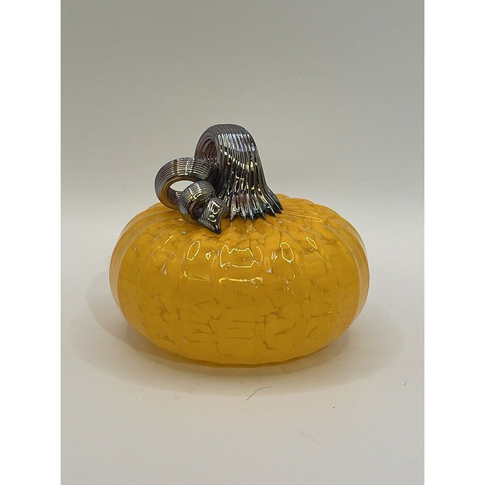 NEW 3" Wide Art Glass Pumpkin Orange Spots Swirls Ribbed Metallic Stem
